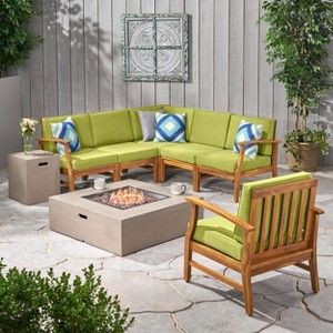 Christopher Knight Home Illona Outdoor Acacia Wood 6 Seater Sectional Sofa and Club Chair Set with Fire Pit - 1 of 4