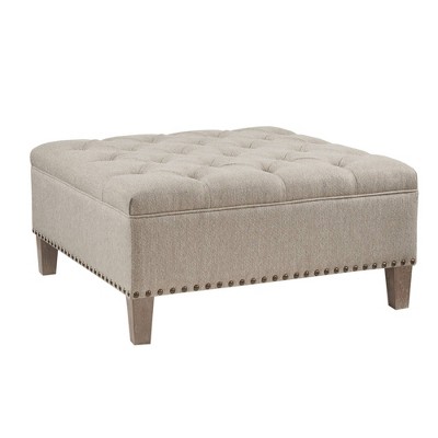 Taupe Tufted Square Cocktail Ottoman with Bronze Nailhead Trim