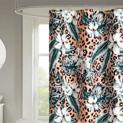 Tropical Fiesta Pink Leopard and Palm Print Fabric Shower Curtain
