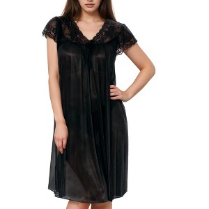 YafeMarte Women's Silky Feeling Cap Sleeves Nightgown with a Floral Lace Design - 1 of 4