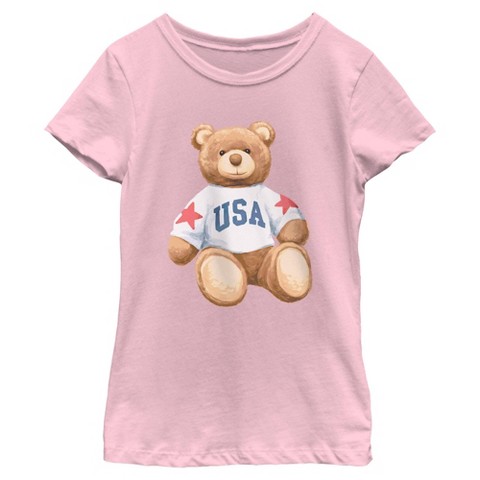 LOST GODS Girls Lost Gods Patriotic USA Bear T Shirt - Light Pink - Large