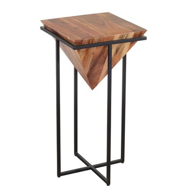 The Urban Port 30" Pyramid Shape Wooden Side Table with Cross Metal Base Brown/Black