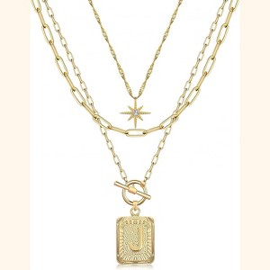 Layered Initial Necklace Set - 14K Gold Plated Customizable Letter & Star Choker - 1 of 4