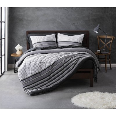 Full/Queen 3pc Knit Jersey Stripe Duvet Cover Set Gray - Sean John