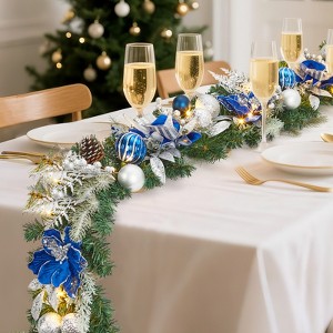 6 Ft Pre-Lit Christmas Garland, Xmas Garland with Flowers, Ball Ornaments Berry for Mantle Table Centerpiece Indoor Outdoor Home Decor - 1 of 4