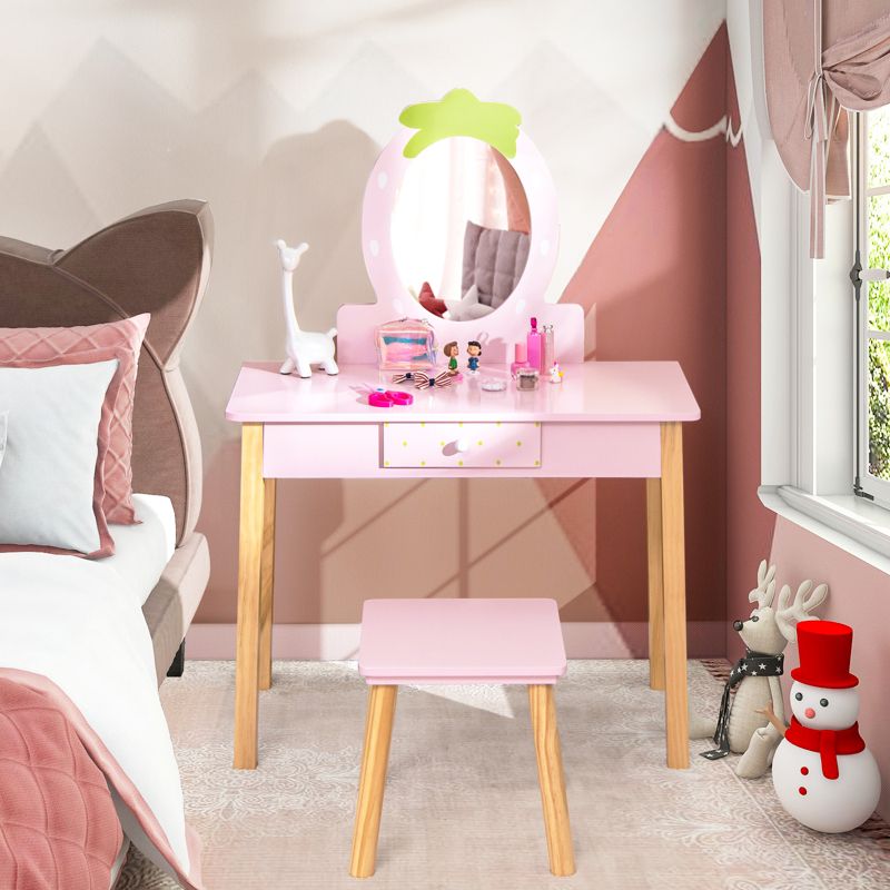 Costway Kid Vanity Table Stool Set with Mirror Wooden Legs Storage Drawer Pink, 4 of 11
