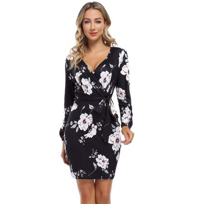 Leadingstar Women's Sexy Bodycon Casual Party Work Dresses Lantern Long Sleeve Wrap Mini Dress