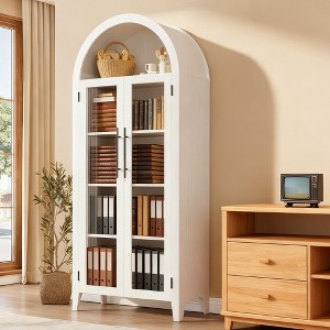 TackView Farmhouse 5 Tier Bookcase Display Shelf, with Adjustable Shelf and Glass Doors, Arched Kitchen Pantry Cabinet - 1 of 4