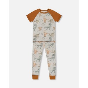 Deux par Deux Boy Organic Cotton Two-Piece Short Sleeve Top and Pant Pajama Set Dinosaur on Mottled and Tan Background - 1 of 3