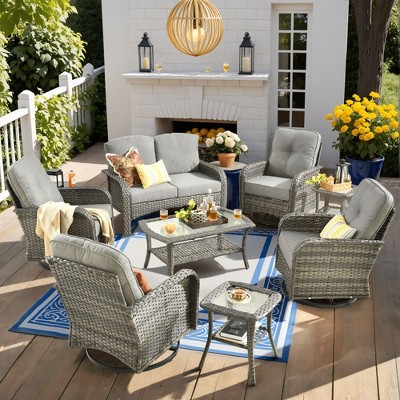 XIZZI Outdoor Patio Swivel Chair Conversation Set, 3/5/7/8 Piece Sofa Sets w/ Side Table, 360° Swivel Seats & Optional Coffee Table/Loveseat