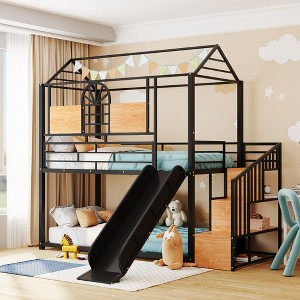 Twin Over Twin House Bunk Bed with Slide, Metal Frame and Storage Staircase, Playhouse Design with Shelf - 1 of 4