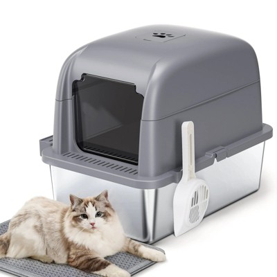 LunaLulinlk Large gray stainless steel cat litter tray set, odor-proof and stain-proof