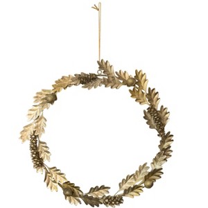 Storied Home Round Metal Oak Leaves, Pinecones and Acorns Wreath, Antique Gold Finish - 1 of 2