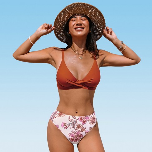 Women's Underwire Rust Twist Top & Floral Bottoms Bikini Set Swimsuit -  Cupshe-l-multicolored : Target