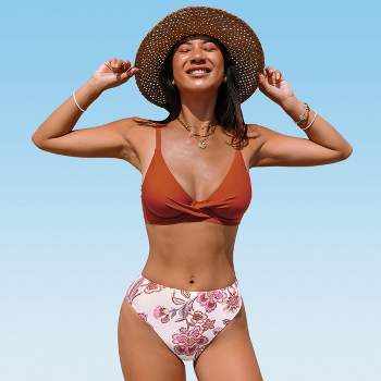 Women's Underwire Rust Twist Top & Floral Bottoms Bikini Set Swimsuit - Cupshe