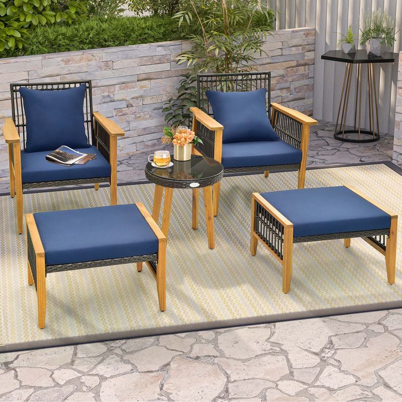 Costway 5 Pcs Patio Acacia Wood Wicker Woven Furniture Set with Coffee Table & 2 Ottomans Navy/Beige, 4 of 11