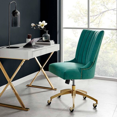 Gold Teal Velvet Swivel Office Chair with Gold Metal Base