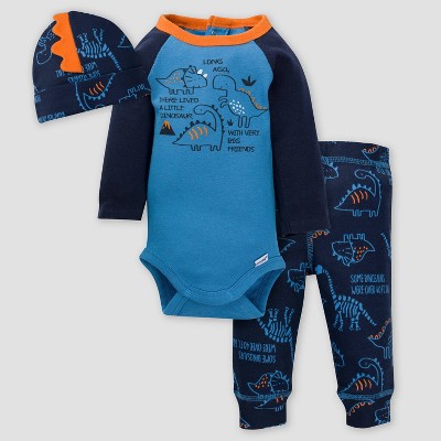 Gerber Baby Boys' 3pc Dinos Top and Bottom Set - Blue 0-3M