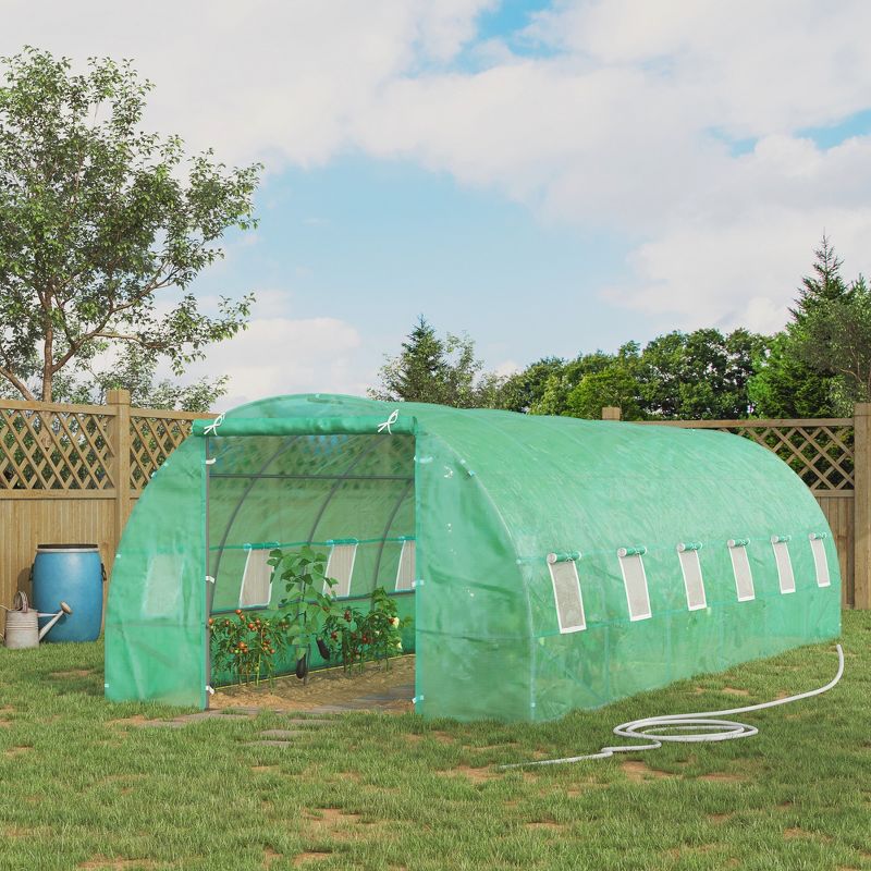 Outsunny 26' x 10' x 7' Outdoor Walk-In Tunnel Greenhouse with Roll-up Windows & Zippered Door, Steel Frame, & PE Cover, 4 of 10