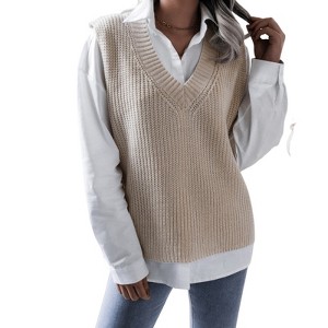 Clearlove Women's Sweater Vest V Neck Relaxed Fit Knit Vest Sleeveless Casual Sweater Waistcoat - 1 of 4