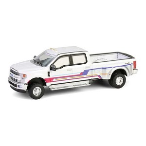 Greenlight 1/64 2019 Ford F-350 Lariat Dually Pickup Truck, White with Custom Stripes, Dually Drivers Series 16 46160-D - 1 of 1