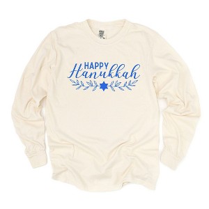 Simply Sage Market Women's Happy Hanukkah Blue Long Sleeve Garment Dyed Tee - 1 of 4