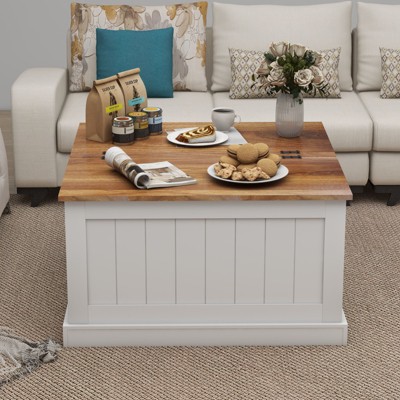 VYNXARIA 31.5" Farmhouse Coffee Table, Square Wood Center Table with Hinged Lift Top, White
