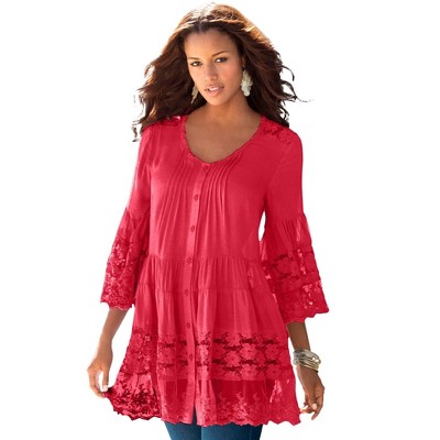 Roaman's Women's Plus Size Illusion Lace Big Shirt, 22 W - Classic Red