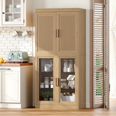 SpassWay Modern Wooden Decorative Combination Storage Cabinet With Four Doors Versatile for Entryway Living Room Hallway Black/Natural Wood