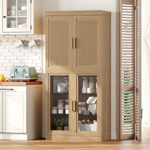 Wooakway 67"H Kitchen Pantry Cabinet with Glass Door and Rattan Door, Storage Shelves, Black - 1 of 4