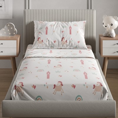 White Unicorn Print Twin Microfiber Kids Sheet Set