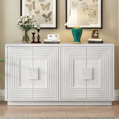 Vintage Distressed 4-Door Sideboard, Console Table With Adjustable Shelves And Geometric Pattern, 60 Inch Long Sofa Table-Cuddlewood