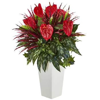Nearly Natural 33-in Mixed Anthurium Artificial Plant in White Tower Vase"