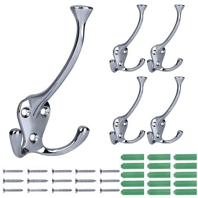 LunaLulinlk 5 Pack Big Heavy Duty Three Prongs Coat Hooks Wall Mounted with 15 Screws Retro Double Utility Rustic Hooks Silver