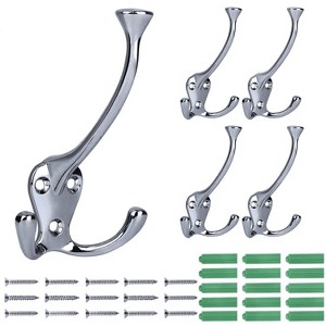 LunaLulinlk 5 Pack Big Heavy Duty Three Prongs Coat Hooks Wall Mounted with 15 Screws Retro Double Utility Rustic Hooks Silver - 1 of 4