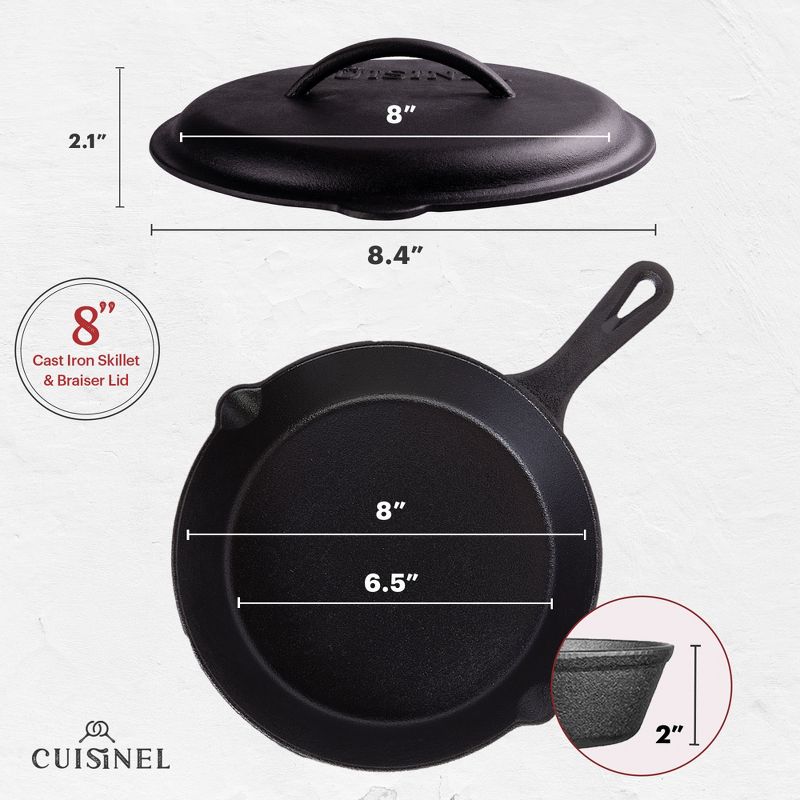 Cuisinel Cast Iron Skillet with Lid - 8"-inch Pre-Seasoned Covered Frying Pan Set + Silicone Handle and Lid Holders + Scraper/Cleaner, 2 of 5