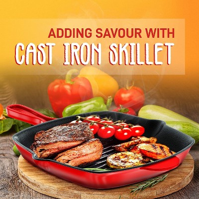 NutriChef 11" Red Cast Iron Skillet Grill Pan with Porcelain Enamel Coating