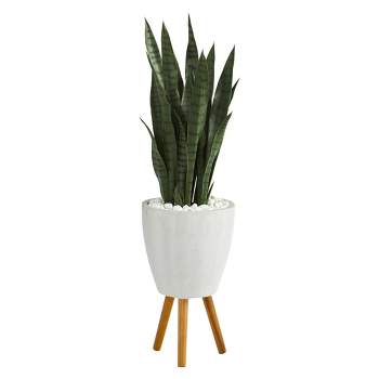 Nearly Natural 4-ft Sansevieria Artificial Plant in White Planter with Stand