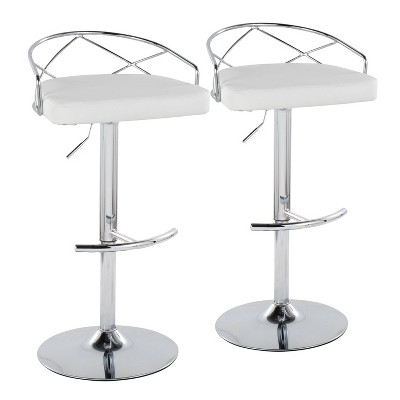 LumiSource Set of 2 Charlotte Adjustable Barstools Chrome/White: Swivel Kitchen Stools, Metal Frame, Faux Leather