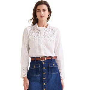 INSPIRE CHIC Women's Boho Hollow-Out Long Sleeve Ruffled Neck Cotton Button Down Shirt - 1 of 4