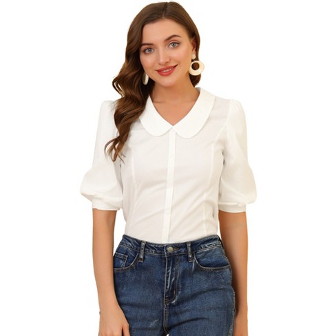 Allegra K Women's Sweet Peter Pan Collar Button-Down Shirt White Medium