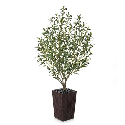 Artificial Olive Tree 5ft/6ft Tall Faux Indoor Plant - Realistic Green Leaves and Black Olives - Decorative Potted Tree for Living Room Home Office