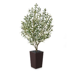 Artificial Olive Tree 5ft/6ft Tall Faux Indoor Plant - Realistic Green Leaves and Black Olives - Decorative Potted Tree for Living Room Home Office - 1 of 4