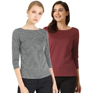 INSPIRE CHIC Women's Work Office 3/4 Sleeve Boat Neck Houndstooth Printed Blouse 2 Packs - 1 of 4