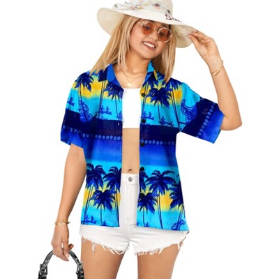 LA LEELA Women's Button Down Blouses Funky Vacation Button Up Casual Summer Holiday Party Blouse Hawaiian Short Sleeve Tropical Shirts