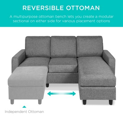 Gray Linen Sectional Sofa with Reversible Ottoman and Wood Frame