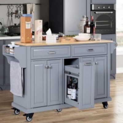 Wood Top Kitchen Island Cart with Wheels, Drawers, Spice Rack, Rolling Storage Cabinet for Kitchen or Dining – The Pop Home