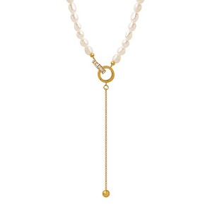 HTUTWOO Charm Double Hoop Necklace-Freshwater Pearl & Titanium Steel Collarbone Chain-Trendy Luxe Adjustable Jewelry for Women, Girlfriend,Mom - 1 of 4