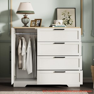 43.3'' H Armoire Wardrobe Closet with 4 Drawers and Hanging Rod, Multifunctional Wood 4 Drawers Dresser with Storage Closet, Clothing Storage Cabinets - 1 of 4