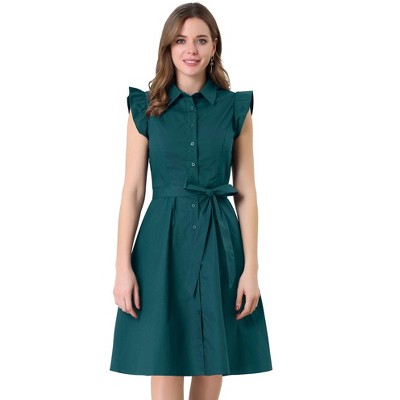Allegra K Women's Cotton Ruffled Cap Sleeve Tie Waist Button Casual Office Shirt Dress
